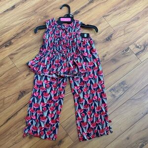 Girls 6 Floral Smocked Top & Pants Set - Navy & Red